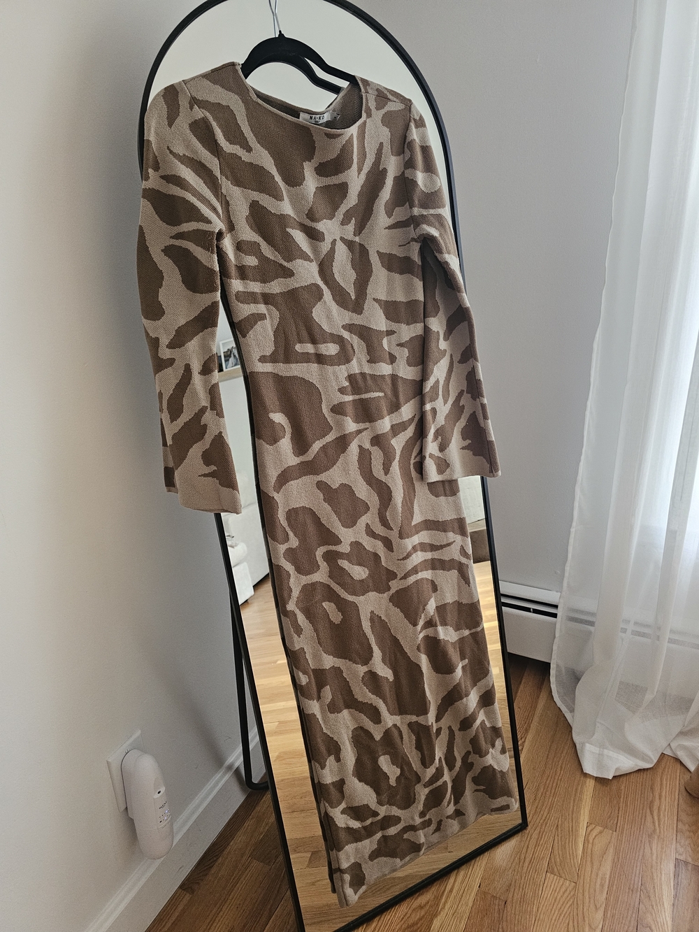 naked wardrobe Beige and Brown Long Sleeve Animal-Print Midi Dress